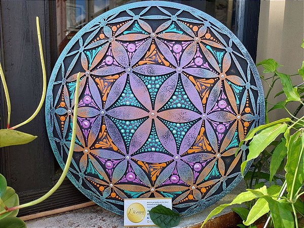 Mandala Duo Flor da Vida em Perspectiva 50cm | Verde turquesa, violeta e laranja