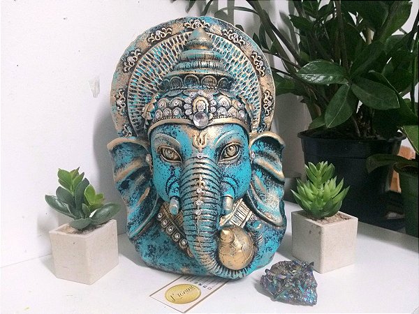 Ganesha Busto 27cm | Verde Turquesa e Dourado