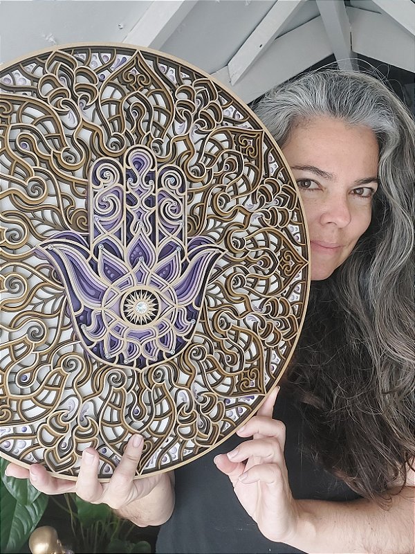 Mandala 3D 7C Mão de Hamsa 40cm | Violeta