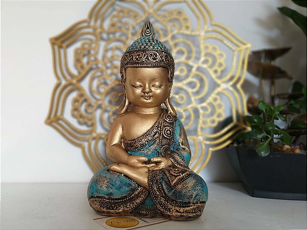 Buda Baby 27cm Dhyana Mudra | Turquesa e Dourado