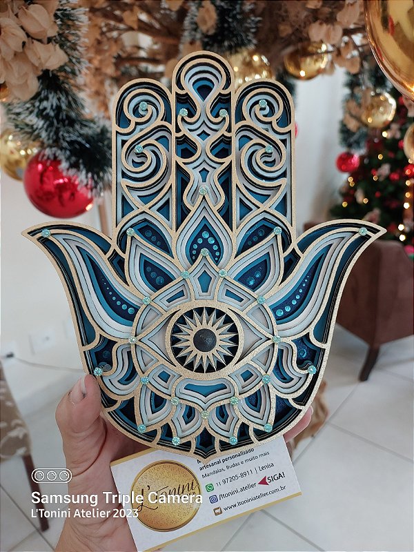 Mão de Hamsa 3D 20cm | Azuis e branco