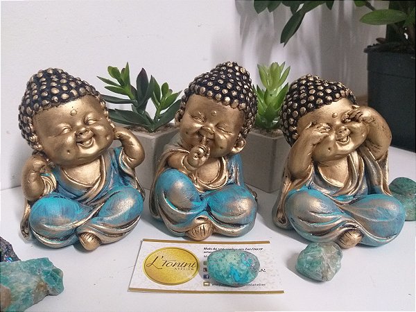Trio de Budinhas Sábios 12cm | Verde turquesa e dourado