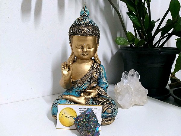 Buda 27cm Baby Karana Mudra | Verde turquesa e Ouro