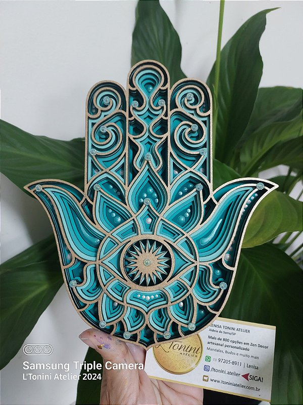 Mão de Hamsa 3D 20cm | Verde turquesa e dourado