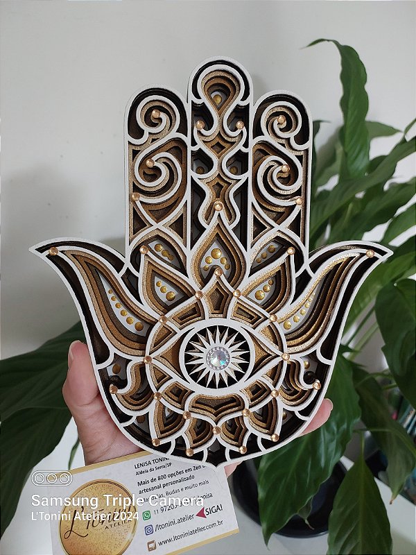 Mão de Hamsa 3D 20cm | Branca e dourado