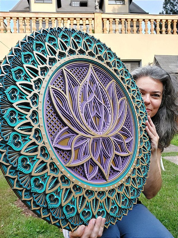 Mandala 3D 8C Flor de Lótus | Liláses e turquesas (do 25cm ao 90cm)