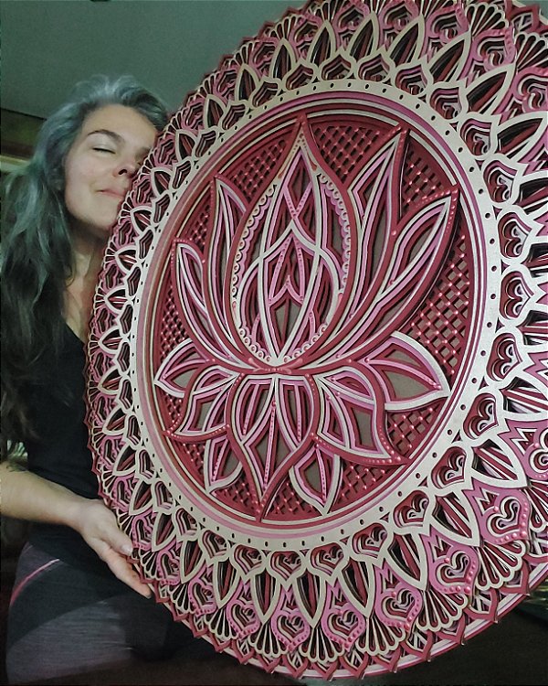 Mandala 3D 8C Flor de Lótus | Marsala, rosa e ouro (do 25cm ao 90cm)