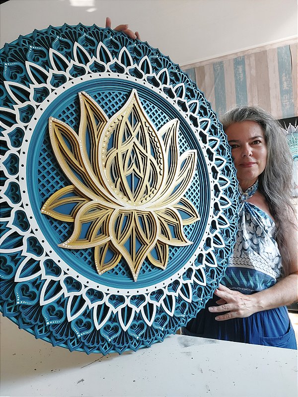 Mandala 3D 8C Flor de Lótus | Petróleo, branco e ouro (do 25cm ao 90cm)