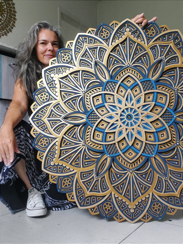 Mandala 3D 9C Dhalia | Azul Oxford e ouro (do 25cm ao 90cm)