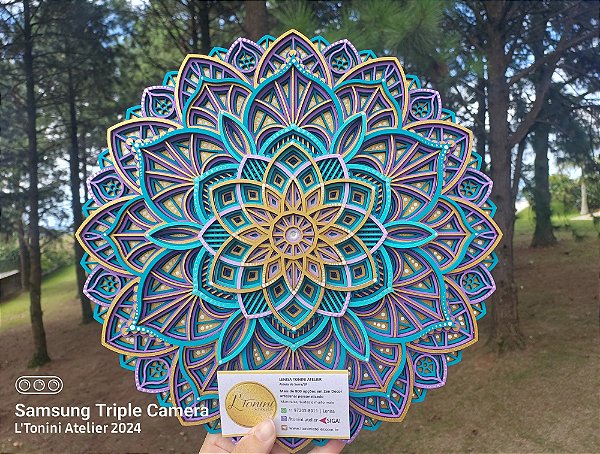 Mandala 3D 9C Dhalia | Turquesa, lilás e ouro (do 25cm ao 90cm)