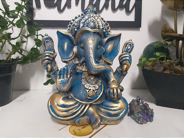 Ganesha 20cm | azul turquesa e dourado
