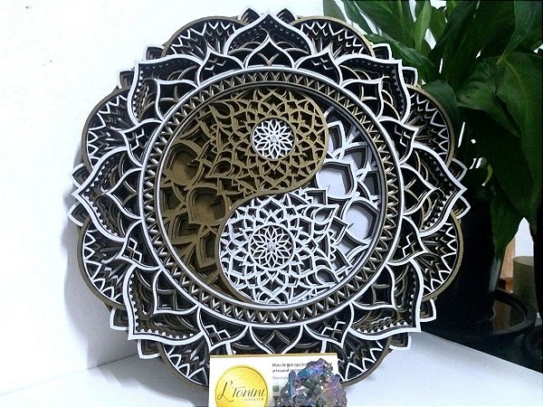 Mandala 3D 8C Yin Yang | Ouro negro e branco (do 25cm ao 90cm)