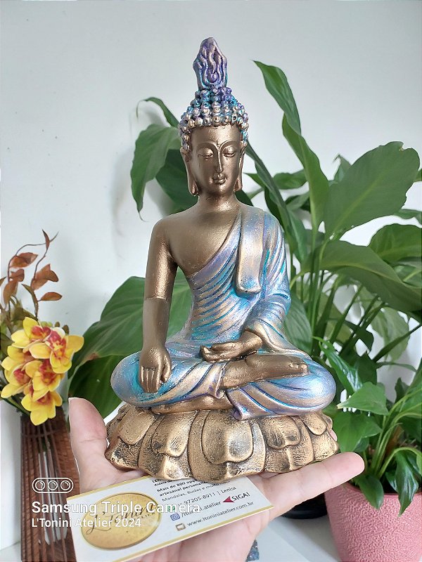 Buda Bumisparsha sobre Lótus 23cm | Bronze, turquesas e dourado