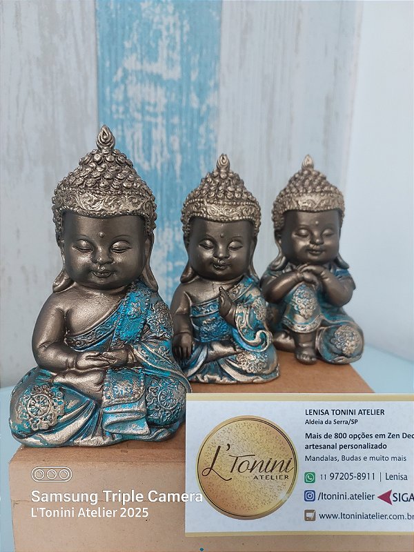 Trio de Budas 12cm Bronze e turquesa