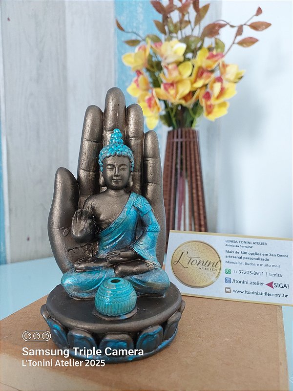 Buda incensário 14cm | Bronze e turquesa