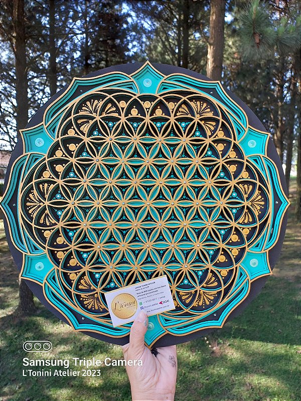 Mandala 3D 4C Flor da Vida | Verde turquesa, negro e dourado (do 30cm ao 70cm)