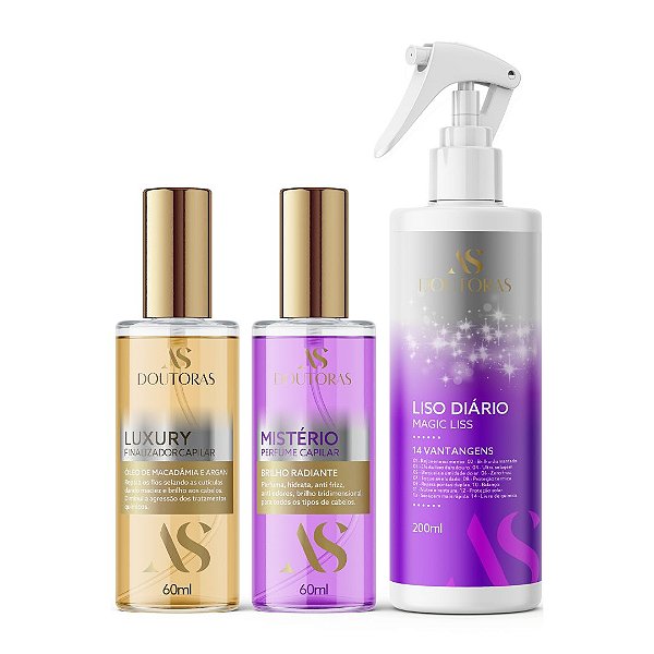 Kit Mágico - Liso Diário + Óleo Reparador Luxury + Perfume Capilar Mistério | As Doutoras