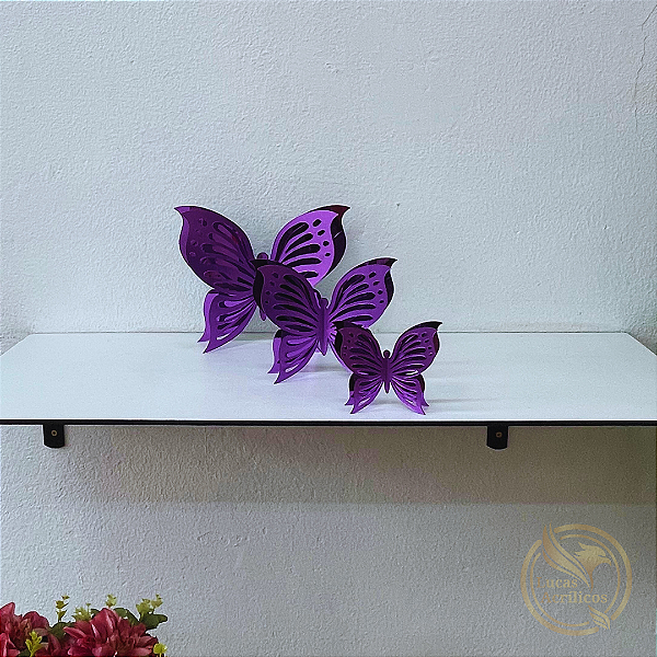 Kit Exclusivo com 3 Borboletas em Acrílico 3D P,M e G ROXA