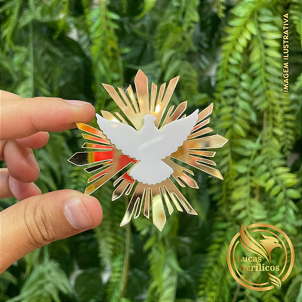 KIT COM 10 APLIQUES DIVINO ESPÍRITO SANTO 7X7 CM EM ACRÍLICO DOURADO E SOBREPOSTO BRANCO