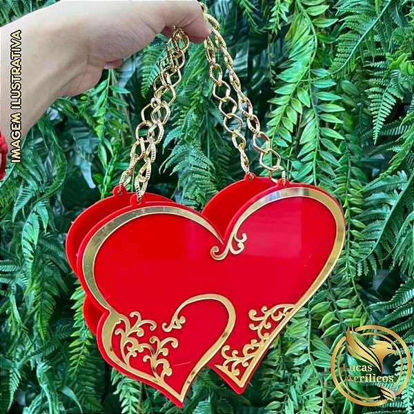 BOLSA CORAÇÃO EM ACRÍLICO COM SOBREPOSIÇÃO 20X15 CM