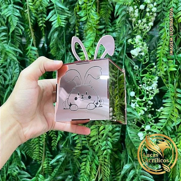 CAIXA COELHO DA PÁSCOA COM TAMPA ARTICULADA EM ACRÍLICO 8X8X8 CM