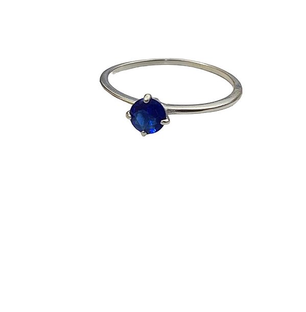 Anel Prata Solitário Zircônia Azul Marinho.