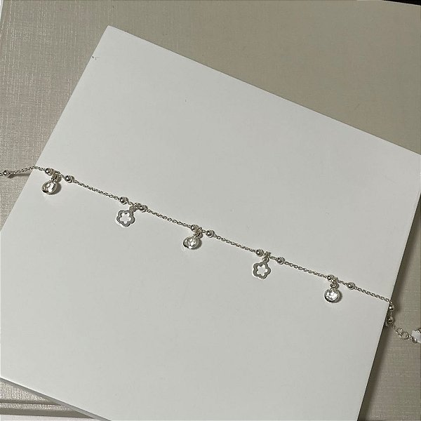 Tornozeleira Prata Flor e Zircônias