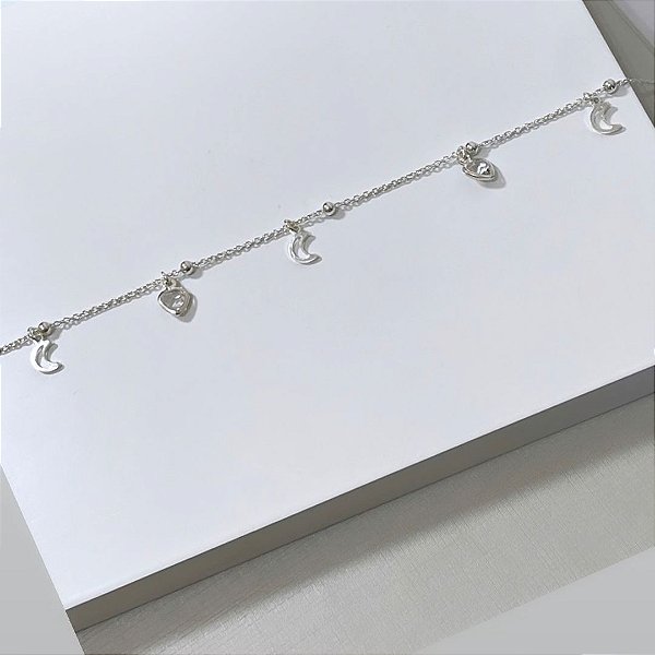Tornozeleira Prata Bolinha, Lua Vazada e Coração