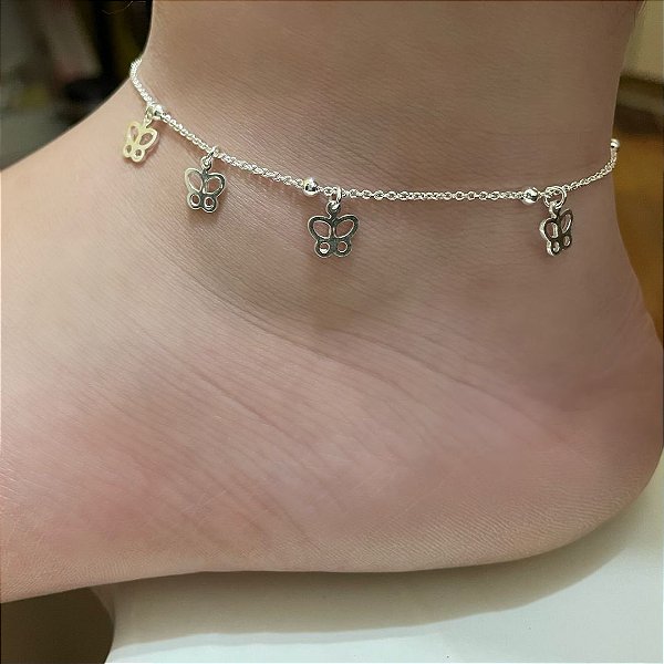 Tornozeleira Prata Bolinha e Borboleta Vazada