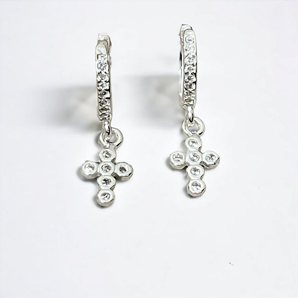 Brinco Argolinha e Cruz Pendurada Cravejada Prata 925