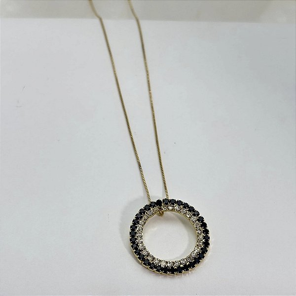 Colar Mandala Círculo Duplo com Zircônias Pretas e Cristais Dourado