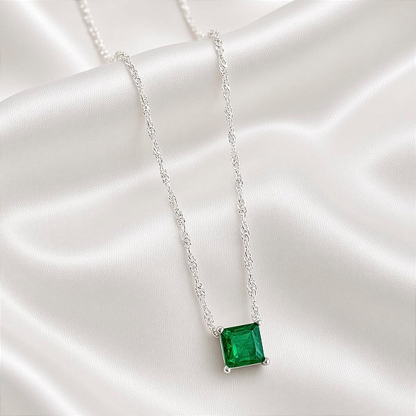 Colar Prata 925 com Pingente Quadrado Zircônia Esmeralda