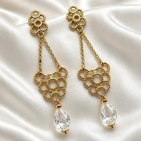Brinco Max Dourado Vazado com Pendente Gota de Cristal Dourado