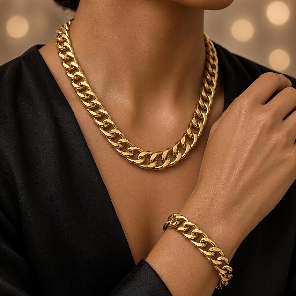 Conjunto Corrente e Pulseira Elo Grumet Duplo Banhado a Ouro