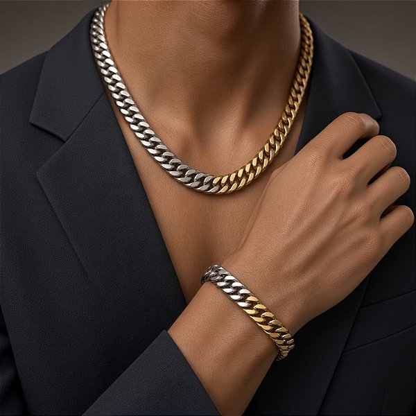 Conjunto Corrente e Pulseira Elo Grumet Duplo Banhado a Ouro e Ródio