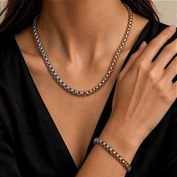 Conjunto Corrente e Pulseira Elo Quadrado Banhado a Ouro e Ródio
