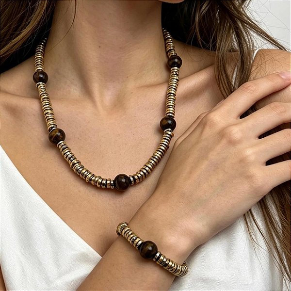 Conjunto Colar e Pulseira Dourado e Ródio Branco com Pedra Olho de Tigre
