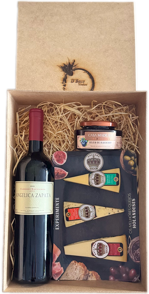 Box Caixa com Vinho Angélica Cabernet Sauvignon 2020, Geléia e Queijos Holandeses