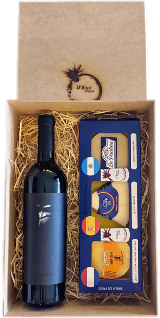 Box Caixa com Vinho Alma Negra 2020 e Queijos do Mundo