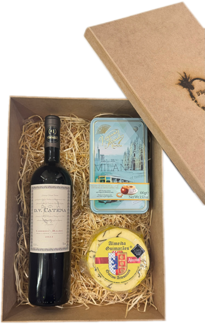 Box Caixa com Vinho DV Catena Cabernet Malbec 2023, Chocolate e Queijo Artesanal
