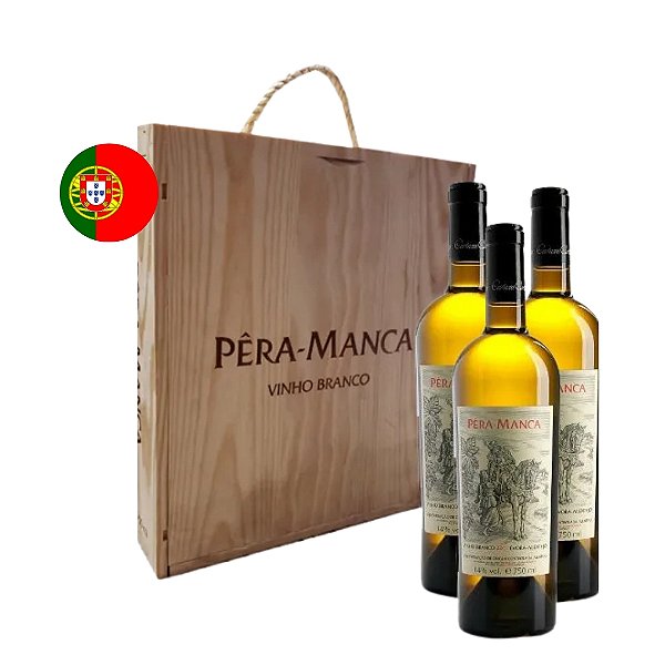 Kit 3 Vinhos  Branco Pêra-Manca 2022 750ml com Caixa de Madeira