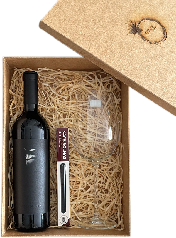 Box Caixa com Vinho Alma Negra Mistério 2020 + Saca Rolhas de Pressão e Taça de Cristal
