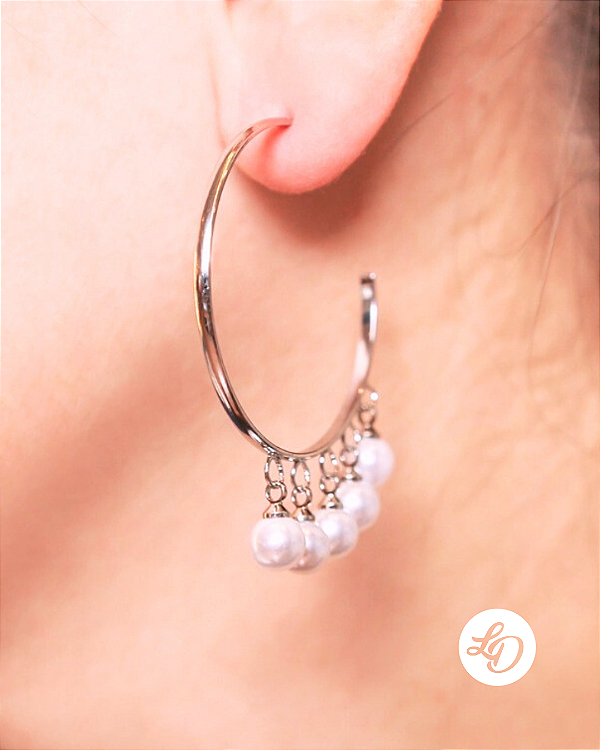 Brinco aço inox ARGOLA SEMIABERTA PINGENTES PÉROLAS