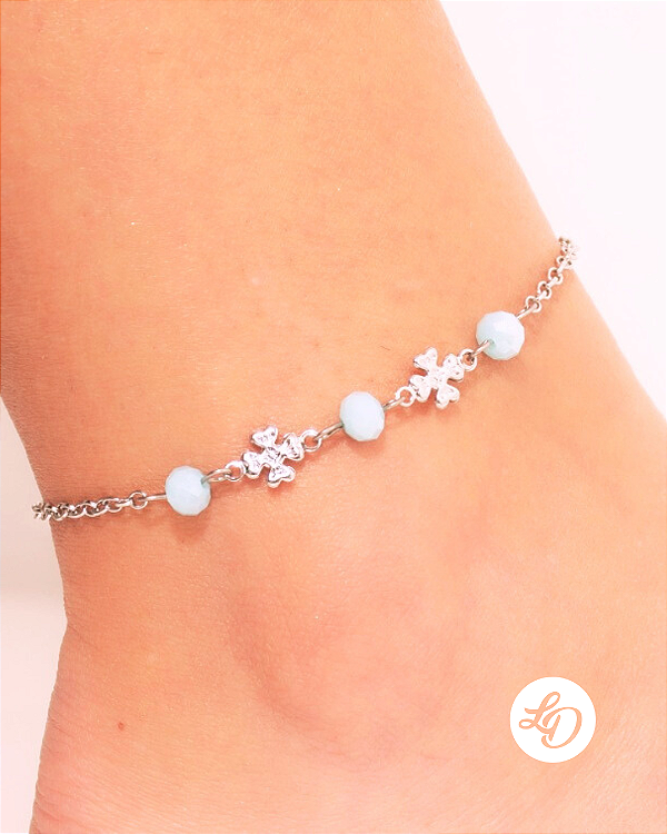 Tornozeleira aço inox TREVOS E MIÇANGA AZUL