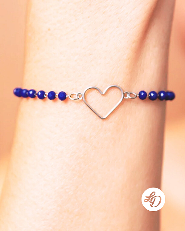 Pulseira aço inox CORAÇÃO CRISTAIS AZUIS