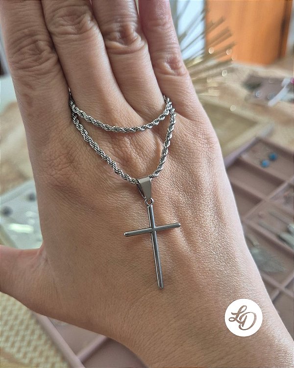 COLAR aço inox CORDÃO COM PINGENTE CRUZ FINA