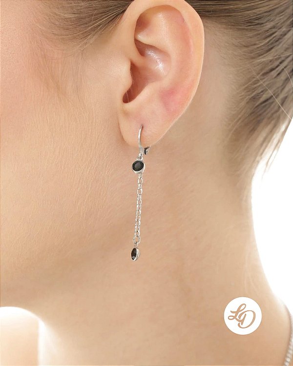 Brinco aço inox ARGOLINHA CORRENTE PONTO DE LUZ PRETO