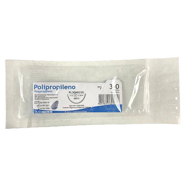 PL - Fio Polipropileno Nº 3-0 75 cm 1/2 R 2,5 cm Unitário - Bioline