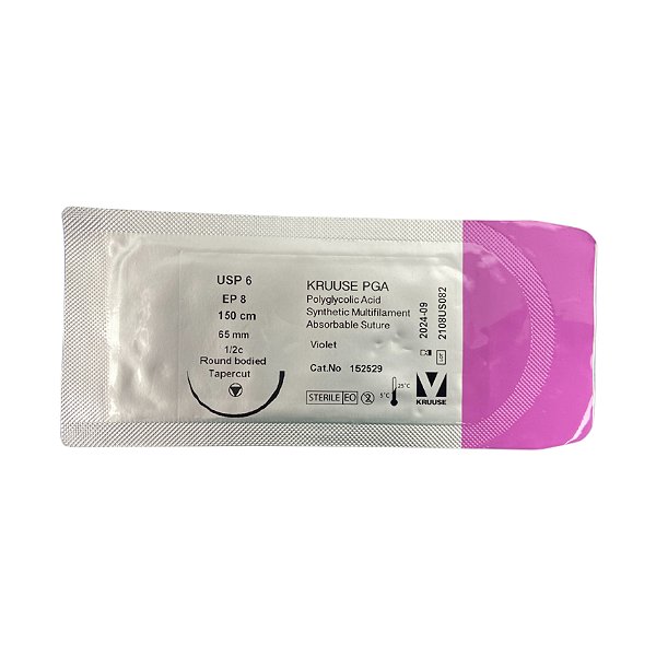 Fio de Sutura USP 6 PGA Ácido Poliglicólico 150 cm Ag. 65 mm EP 8 1/2c Tapercut Unitário - Kruuse