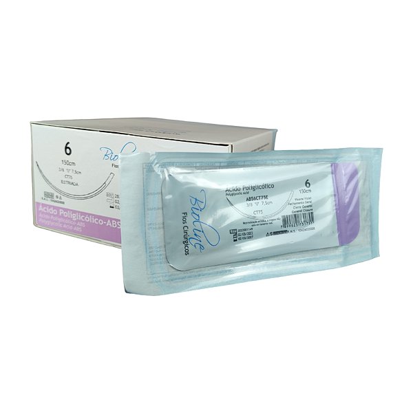 ABS - Fio Ácido Poliglicólico Nº 6 150 cm 3/8 T 7,5 cm Caixa Com 12 Unidades - Bioline